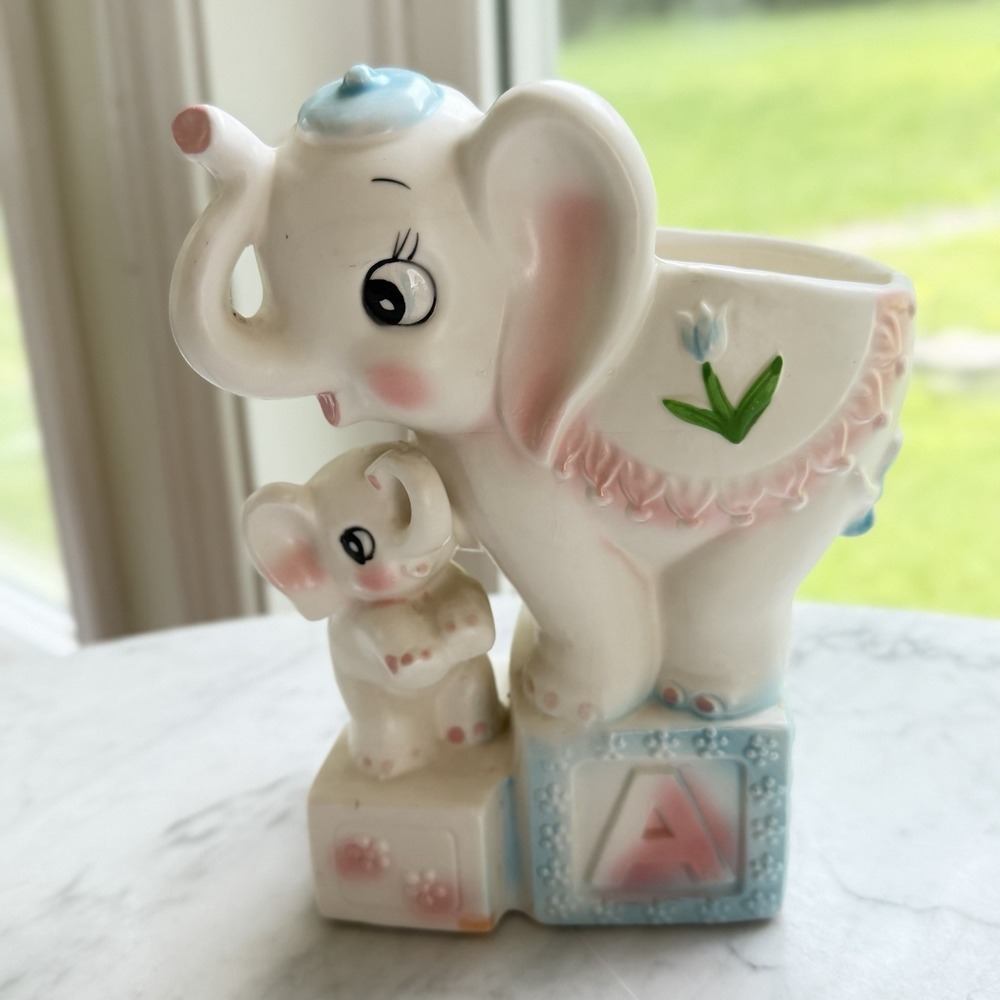 VTG 50s Brinn's Pittsburgh Mother Baby Elephant Nursery Planter Japan Foil